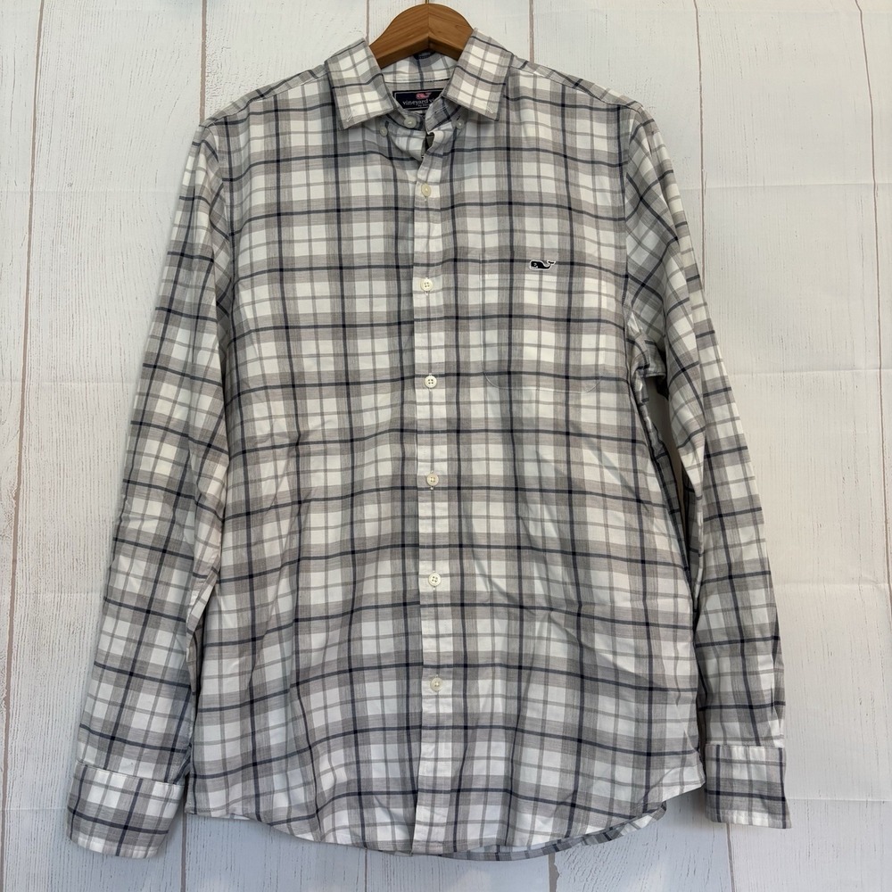 Vineyard Vines Shirt Mens Small Gray Plaid Slim Fit Whale Cotton Preppy Adult